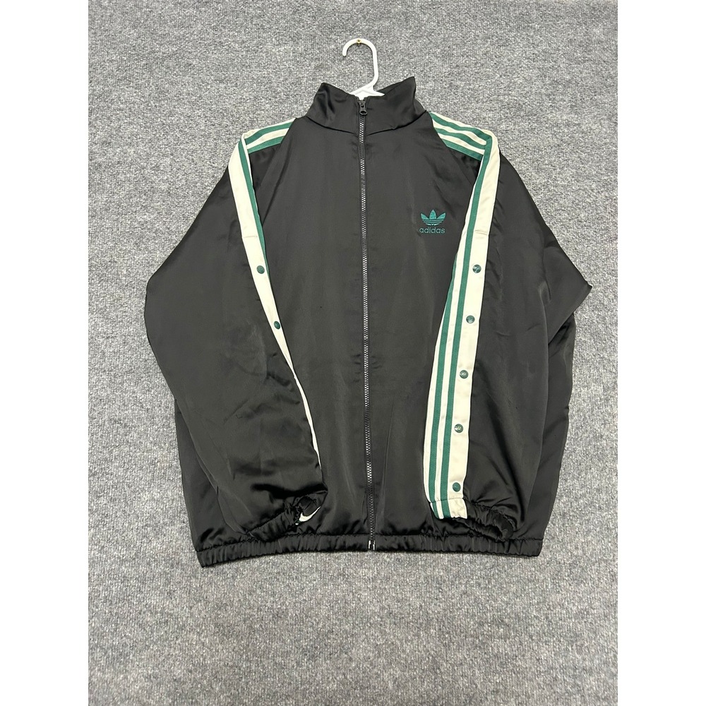 Adidas Track Jacket Womens Size M Black Green Snap Sleeve Full Zip Trefoil Logo